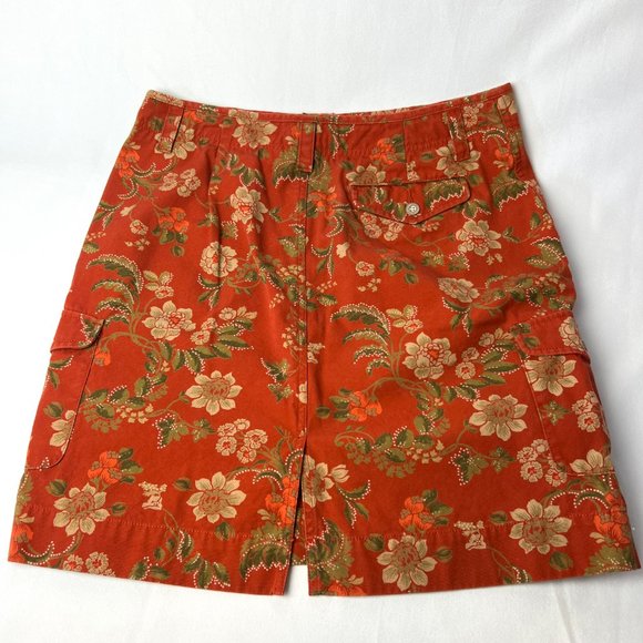 Eddie Bauer Flowered Mini Skirt Sz 10 Rust Green Tan 100% Cotton Zip Front Slit - Picture 2 of 5
